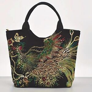 Peacock Embroidered Sequin Canvas Handbag  Satchel comes with bonus Wallet